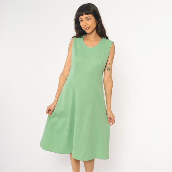 70s Mint Green Dress Sleeveless Knee Length Sage Simple Minimal Clean Girl Light Academia Vintage Summer Sundress Spring Easter Neck Large L