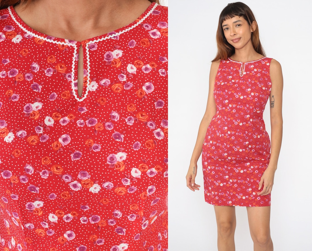 90s Floral Dress Red Ricrac Trim Mini Sleeveless Sheath Dress 1990s