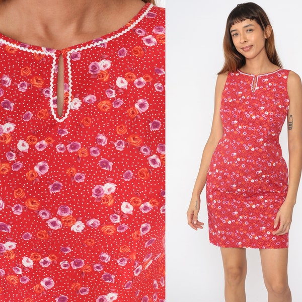 90s Floral Dress Red Ric-Rac Trim Mini Sleeveless Sheath Dress 1990s Keyhole Neck Polka Dot Cutout Vintage Summer Sundress Small 4