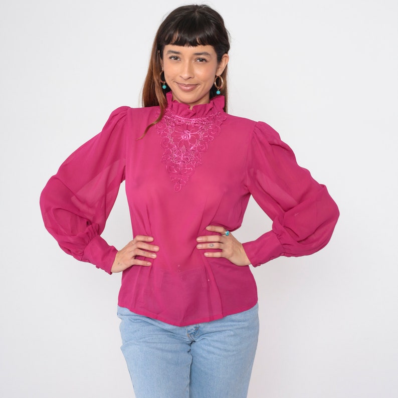 Sheer Victorian Blouse 70s 80s Fuchsia Eyelet Floral Embroidered Chiffon Top Party Long Puff Sleeve Shirt Formal Vintage 1980s Medium 8 image 4