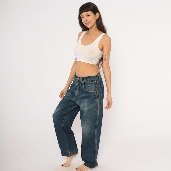 Fubu Baggy Jeans 2000s Dark Wash Denim Straight Leg Streetwear Cotton Relaxed Fit Blue Y2K Wide Pants Skater Trousers Vintage 32 Medium M