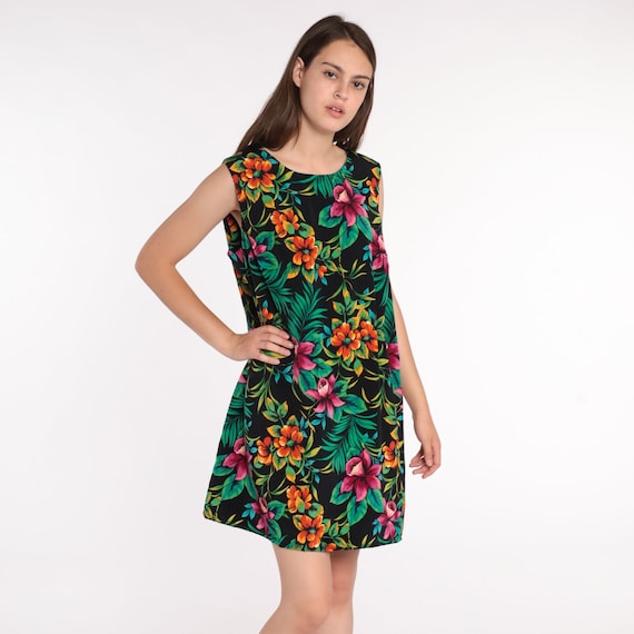 90s Floral Dress Hawaiian Tropical Mini Sundress Flower Print Summer Dress Boho 1990s Bohemian Vintage Shift Sleeveless Extra Large xl