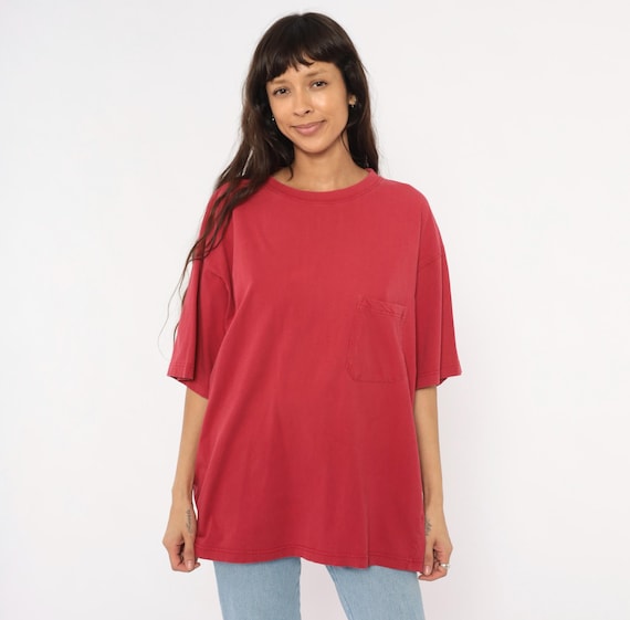 90s  Pocket Tee Red American Eagle Crew Neck Cotton Shirt Crimson Boxy Relaxed Fit Plain Streetwear Basic Unisex Vintage Top Cherry Large L