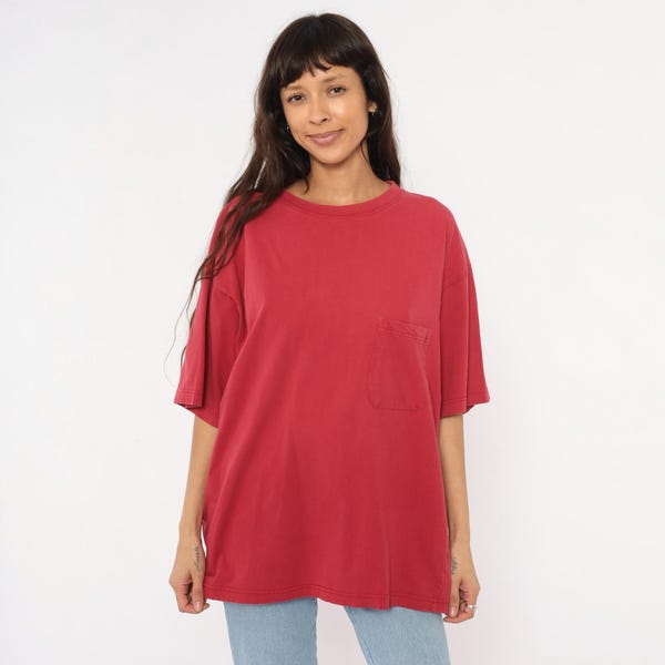 90s  Pocket Tee Red American Eagle Crew Neck Cotton Shirt Crimson Boxy Relaxed Fit Plain Streetwear Basic Unisex Vintage Top Cherry Large L