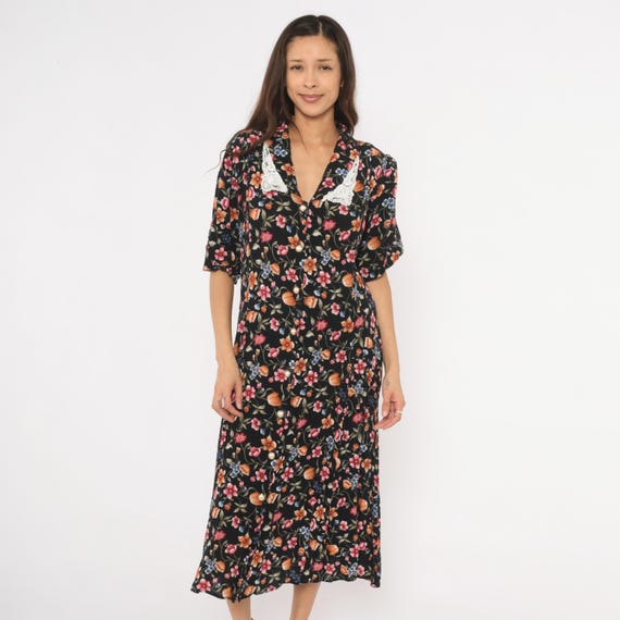 Lace Collar Floral Dress 90s Black Pink Midi Cottagecore Pearl Buttons Short Sleeve Tea Length Garden Party Flower Summer Vintage Medium M