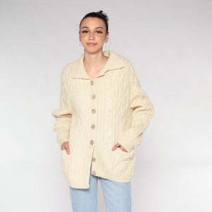 Cable Knit Cardigan 70s 80s Cream Wool Button Up Fisherman Sweater Retro Chunky Bohemian Grandpa Cableknit Pockets Vintage 1980s Large L image 5