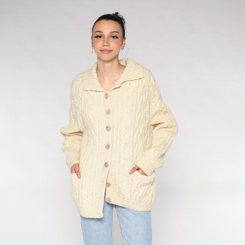 Cable Knit Cardigan 70s 80s Cream Wool Button Up Fisherman Sweater Retro Chunky Bohemian Grandpa Cableknit Pockets Vintage 1980s Large L image 5
