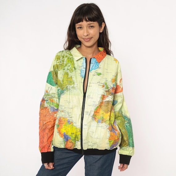 World Map Jacket 90s Geography Print Atlas Windbreaker Tyvek Zip Countries Continents Travel Theme Bomber Streetwear Grunge Extra Large XL