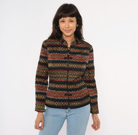 Quilted Embroidered Jacket 90s Tribal Stripe Black Gold Red Mandarin Collar Frog Closure Tapestry Folk Fitted Blazer Vintage Women Small S