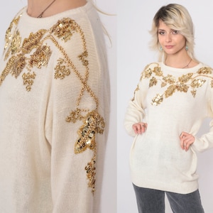 Cream Sequin Sweater 80s Beaded Silk Angora Wool Sweater Gold Leaf Slouchy Pullover Jumper Sweater 90s Vintage Party Holiday Sweater Medium image 1