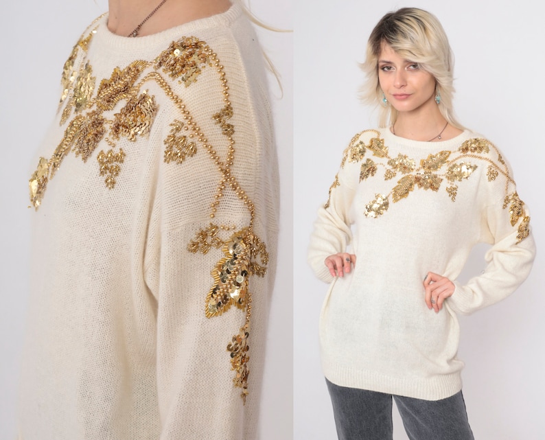 Cream Sequin Sweater 80s Beaded Silk Angora Wool Sweater Gold Leaf Slouchy Pullover Jumper Sweater 90s Vintage Party Holiday Sweater Medium image 1