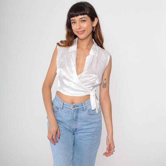 White Wrap Top 90s Sleeveless Tie Front  Crop Top Vintage Summer Minimalist Casual Sophisticated Designer Classic Style Medium M