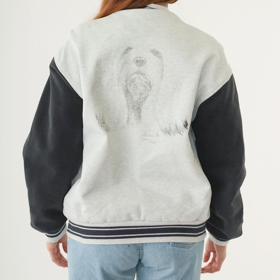 Vintage 90s Dog Bomber Jacket Snap Up Graphic Animal Art Heather Grey Black Striped Athletic Baseball Retro 1990s Men's Large L