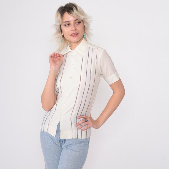 70s Striped Shirt White Chain Print Button Up Shirt Retro Collared Disco Top Short Sleeve Oxford Seventies Vintage 1970s 2xs xxs