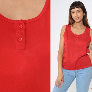 Red Tank Top 80s Cotton Henley Tank Plain Retro Button Up Sleeveless Shirt Simple Basic Tee Casual T-Shirt Vintage 1980s Medium M image 1