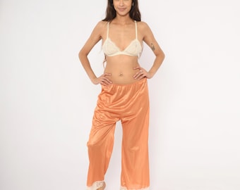 Peach Lace Trim Pajama Pants 70s Wide Leg Lounge Salmon Satin Lingerie Bottoms Pull On Coral Sleep Wear Coquette Slip Style Vintage Large L