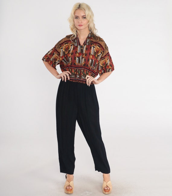 90s Jumpsuit Tapered Pantsuit Abstract Floral Mythical Animal Griffin Print Button up Romper Pants Collared Short Sleeve Vintage 1990s Large
