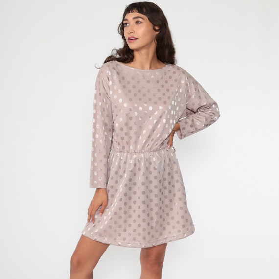 70s Mini Dress Textured Dot Print High Waisted Dress Vtg Secretary Plain Dress Long Sleeve Dress Vintage Minidress Retro Medium