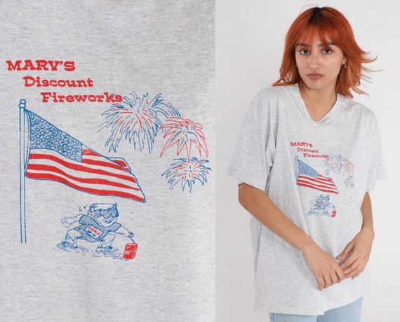 Marv's Discount Fireworks Shirt 90s Fourth of July T Shirt American Flag Holiday Graphic Tee Retro TShirt Vintage 1990s Grey Large xl