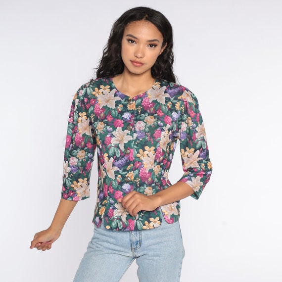 80s Floral Shirt Puff Sleeve Blouse Button Up Shirt 80s Boho Top Vintage Short Sleeve Bohemian Retro Medium 8