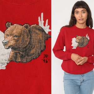 Bear Sweatshirt Animal Shirt 90s Sweatshirt Graphic Sweatshirt Red Sweatshirt Vintage Retro 80s Wildlife Shirt Small S image 1