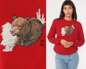 Bear Sweatshirt Animal Shirt 90s Sweatshirt Graphic Sweatshirt Red Sweatshirt Vintage Retro 80s Wildlife Shirt Small S