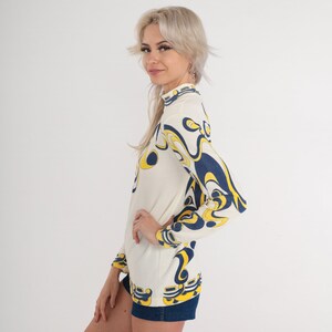 70s Psychedelic Blouse Mod Top Abstract Swirl Print Mock Neck Shirt Groovy Seventies Long Sleeve White Blue Yellow Vintage 1970s Small S image 5