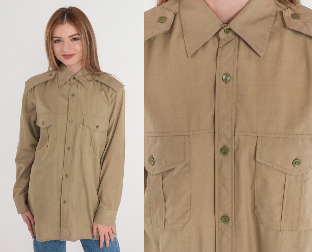Khaki Military Shirt 80s Brown Button up Shirt Retro Epaulette Etsy
