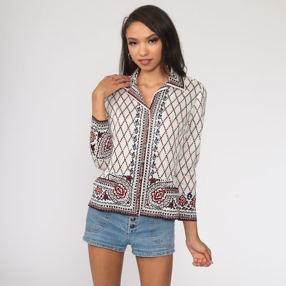 70s Shirt Floral Blouse Paisley Print Boho Disco Top Hippie 1970s Vintage Bohemian Button Up Hipster Psychedelic Long Sleeve Small