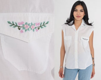 White Floral Tank Top 80s Embroidered Button Up Blouse Flower Shirt Retro Hippie Boho Girly Summer Sleeveless Vintage 1980s Medium Large