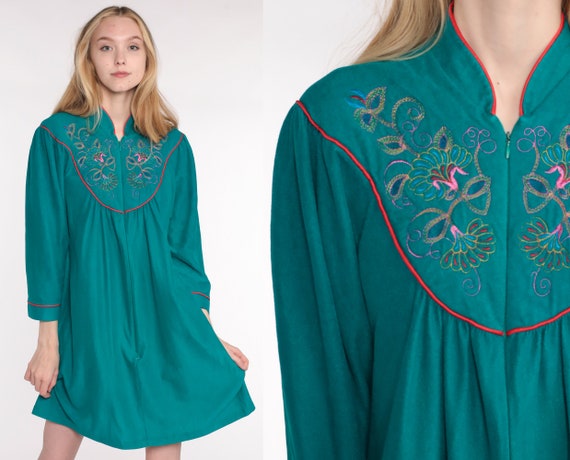 Velour Lounge Dress 70s Mini Teal Green Floral Embroidered Pajama Long Sleeve Boho Hippie 80s Front Zip Loungewear Vintage Small Medium