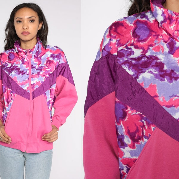 90s Windbreaker Sweatshirt Pink Floral Color Block Zip Up Jacket Retro Sporty Neon Warm Up Streetwear Hipster Sweater Vintage 1990s Medium M