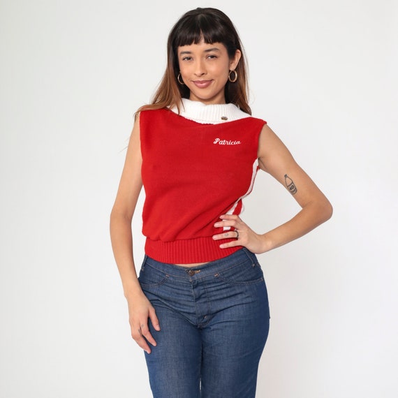 USA Drill Team Sweater Top 70s 80s Cheerleader Shirt Red Knit Patricia Cheer Sweater Uniform Varsity White Striped Vintage 1980s Small 34
