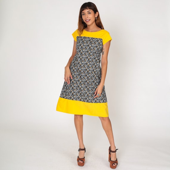 60s Mod Dress Yellow Black Floral Mini Hippie Vintage 70s Boho Cap Sleeve Sixties Minidress 1960s Shift Bohemian Retro Gogo Extra Small xs