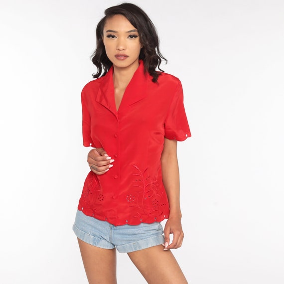 Embroidered Floral Shirt Cut Out Top 80s Red Blou… - image 3