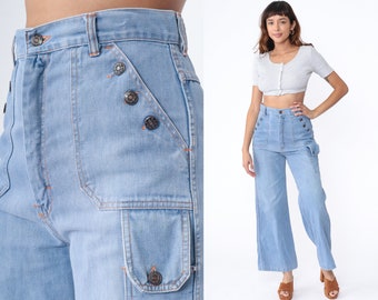 70s Bell Bottom Jeans Blue Denim Pants Nautical Wide Leg High Waisted Rise Bellbottoms Retro Hippie Flares Flared Vintage 1970s Medium 8