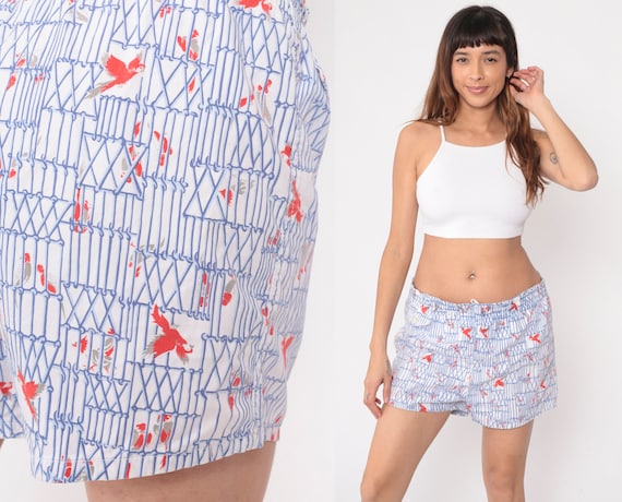 80s Bird Swim Shorts Tropical Beach Shorts 80s Parrot White Blue Novelty Print High Waisted Shorts Summer Retro Vacation Men's Medium 34-36