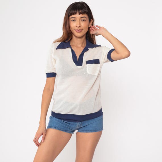 70s Mesh Polo Shirt Navy White Watchman Vintage V-Neck Short Sleeve Cotton Blend Fishnet Summer Sporty Nautical Preppy Nerdy Medium M