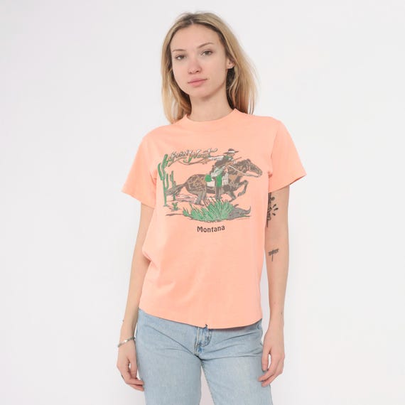 80s Western Graphic Tee Montana Cowboy Horse Riding Peach Coral Salmon Short Sleeve Vintage T Shirt Goin West Desert Cactus Southwest Small