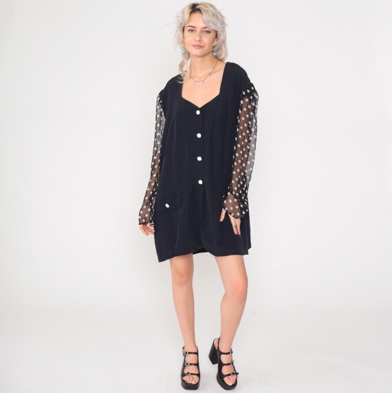 Vintage Black Blazer Jacket 80s Sheer Chiffon Polka Dot Sleeve Button Up Jacket Business Office Wear Retro Formal Plain 1980s 24W Plus Size