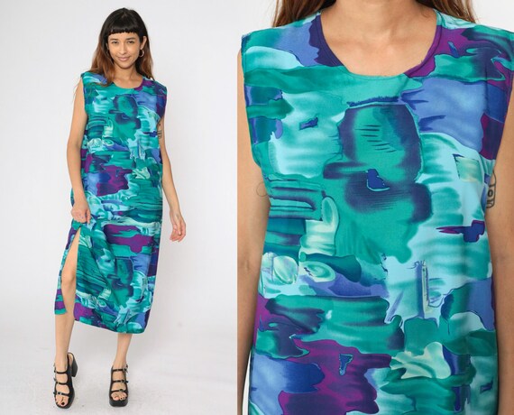 Abstract Watecolor Dress 90s Sundress Hippie Sleeveless Shift Turquoise Purple Ankle Length Maxi Side Slit Vintage 1990s Large