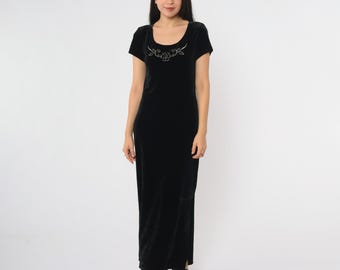 Vestido de terciopelo negro, estilo años 90, vintage, bordado floral, maxi, manga corta, cuello redondo, elástico, ajustado, gótico, elegante, de diseñador, talla pequeña 6
