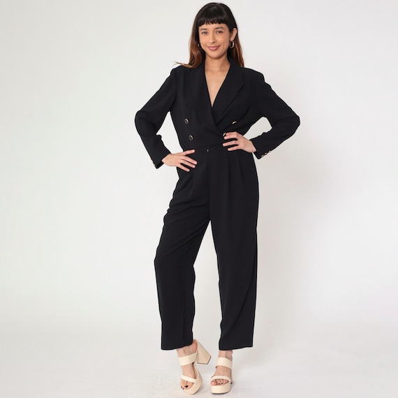 Vintage Black Jumpsuit Double Breasted Button Up 90s One Piece Long Sleeve Deep V Neck Pantsuit Romper Long sleeve 1990s Retrp Small S
