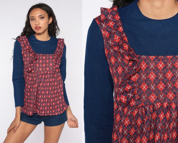 Plaid Babydoll Top 70s Hippie Shirt Ruffle Long Sleeve Boho TENT Top Tunic Checkered Shirt Bohemian Vintage 1970s Red Blue Medium