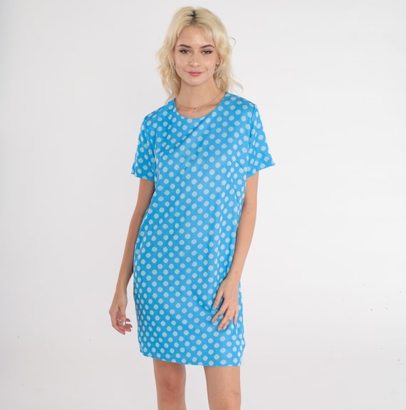 60s Polka Dot Dress Blue Mod Mini Dress Shift 1960s Space Age Vintage Dress Twiggy Short Sleeve Minidress Polyester Knit White Dot Small S