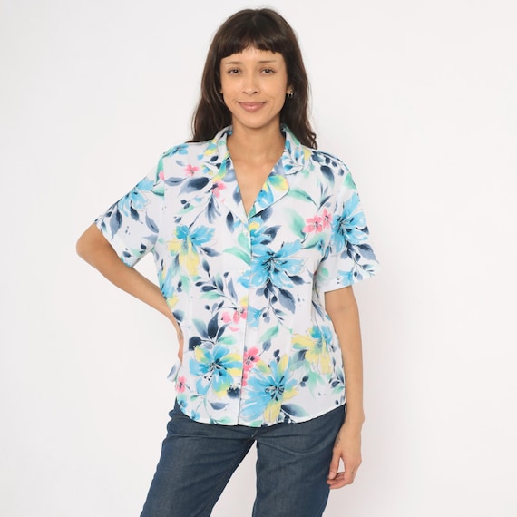 Watercolor Floral Blouse 90s Camp Collar Shirt Blue Pink Yellow Tropical Short Sleeve White Summer Hawaiian Top Vacation Extra Large XL