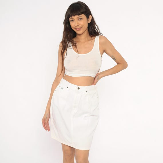 White Denim Skirt 90s Chic Brand Pencil High Waisted Cotton Jean Ivory Cream Straight Fitted Vintage Womens Skirt Off White Summer Medium M