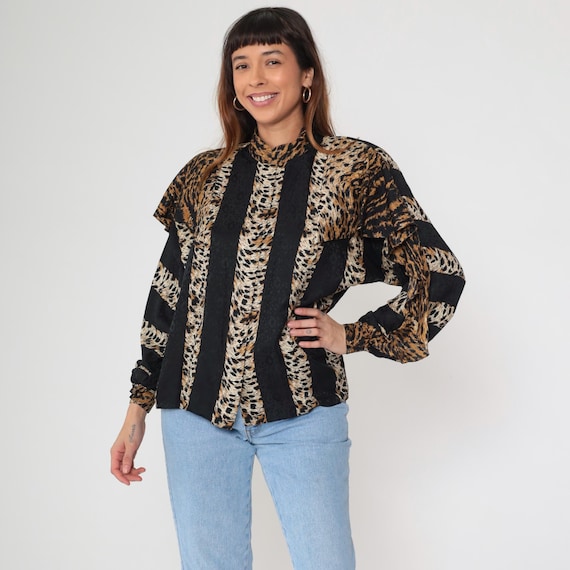 Animal Print Silk Blouse 90s Adrianna Papell Stripe Leopard PatternRuffle Long Sleeve Top Vintage Luxe Sophisticated Medium M 10