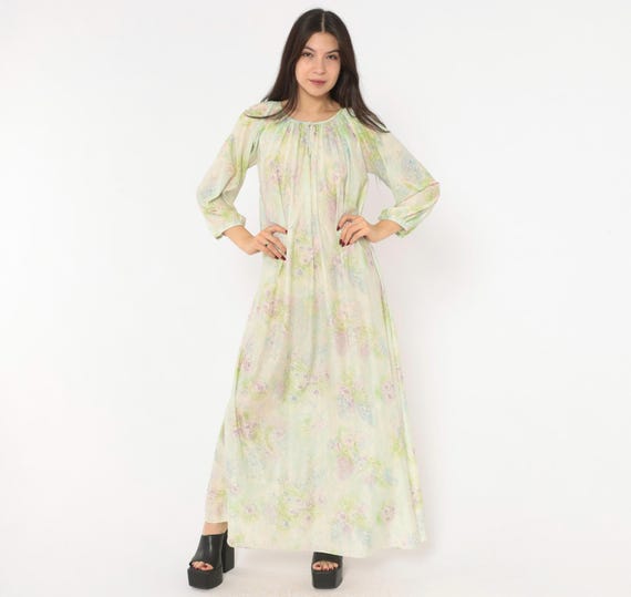 70s Floral Nightgown Pastel Watercolor Maxi Gown Lavender Green Pink Semi Sheer Balloon Sleeve Ethereal Fairy Cottagecore Dress Medium M