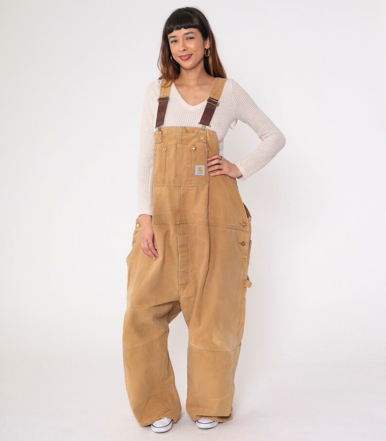 90s Carhartt Overalls Tan Plus Size Coveralls Cargo Dungarees Work Jumpsuit Pants Utility Vintage 1990s USA Made Men's 4x 4xl image 2